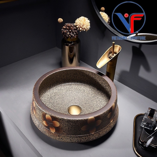 Lavabo tròn giả cổ màu đất nung hoa đỏ