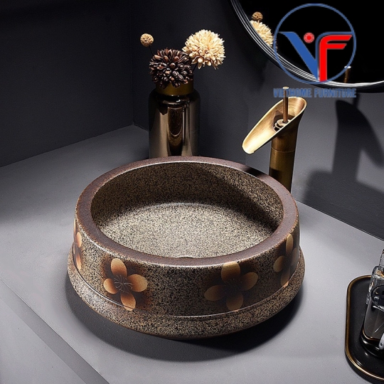 Lavabo tròn giả cổ màu đất nung hoa đỏ