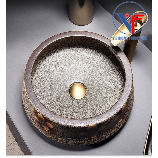 Lavabo tròn giả cổ màu đất nung hoa đỏ