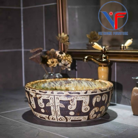 Lavabo tròn giả cổ màu đất nung họa tiết trắng