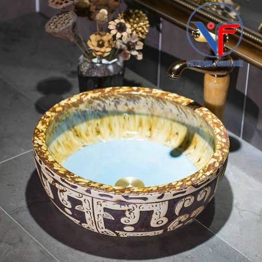 Lavabo tròn giả cổ màu đất nung họa tiết trắng
