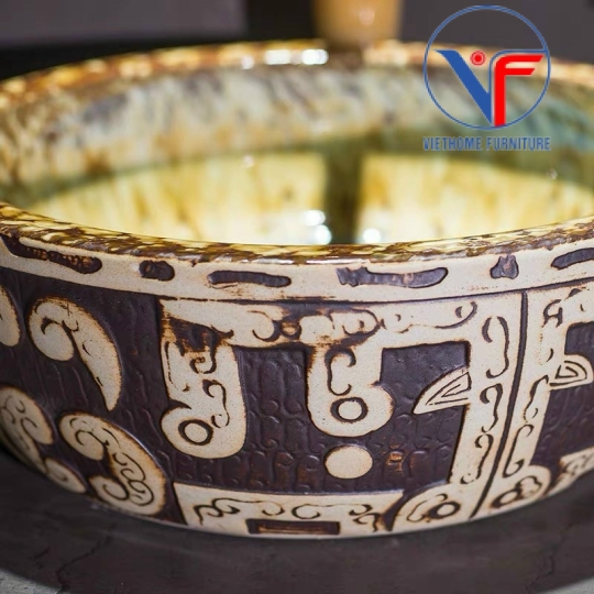 Lavabo tròn giả cổ màu đất nung họa tiết trắng