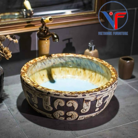 Lavabo tròn giả cổ màu đất nung họa tiết trắng