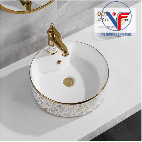 Chậu rửa lavabo tròn đặt bàn hoa văn vàng