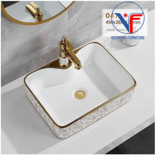 Chậu Rửa Mặt Lavabo Vuông Hoa Văn Vàng