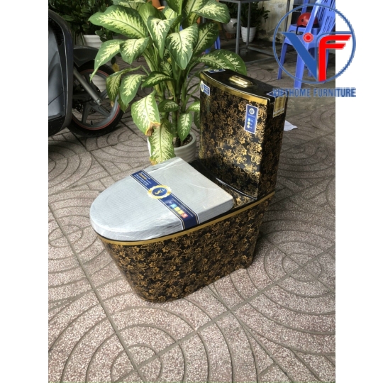 Bồn cầu đen hoa vân cổ điển nhũ vàng