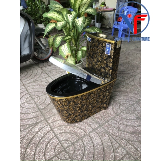 Bồn cầu đen hoa vân cổ điển nhũ vàng