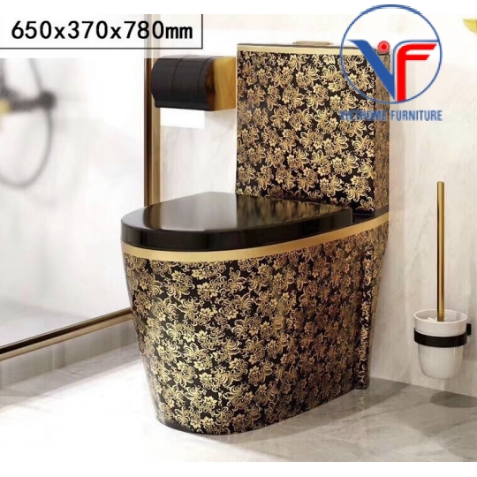 Bồn cầu đen hoa vân cổ điển nhũ vàng