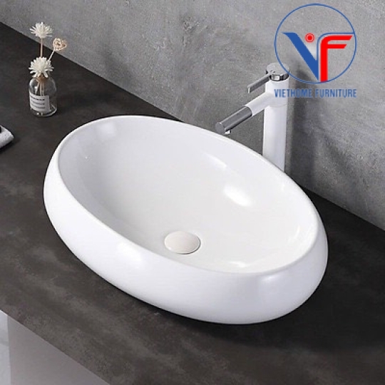 Lavabo Oval Trắng Đặt Bàn Đá