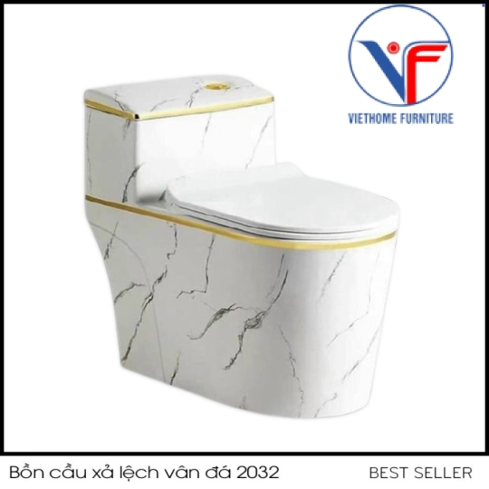 Bồn cầu lùn men trắng vân đá viền vàng