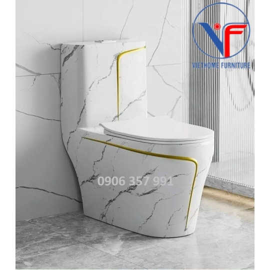 Bồn cầu trắng vân đá viền vàng