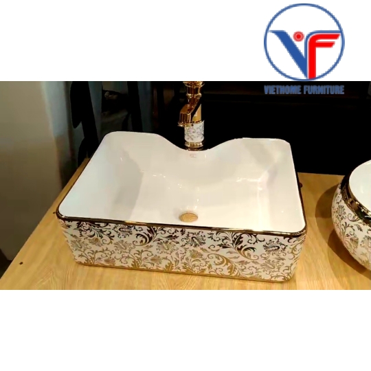Chậu Rửa Mặt Lavabo Vuông Hoa Văn Vàng