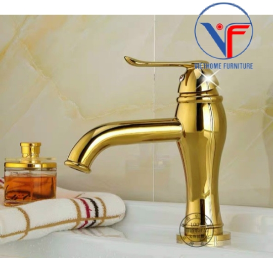 Vòi chậu lavabo nóng lạnh mạ vàng 20cm