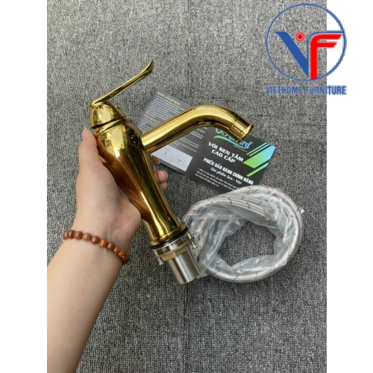Vòi chậu lavabo nóng lạnh mạ vàng 20cm