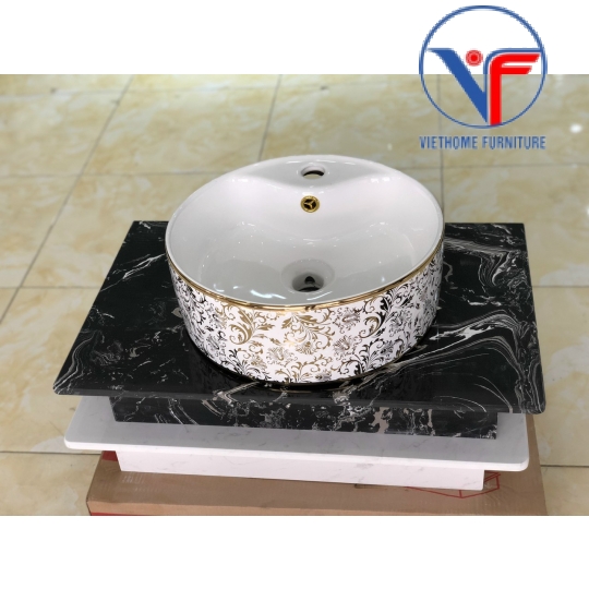 Chậu rửa lavabo tròn đặt bàn hoa văn vàng