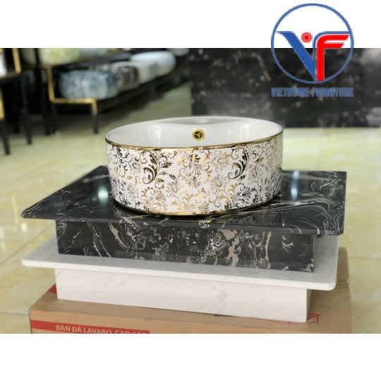 Chậu rửa lavabo tròn đặt bàn hoa văn vàng
