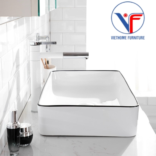 Chậu rửa lavabo đặt bàn màu trắng viền hình chữ nhật