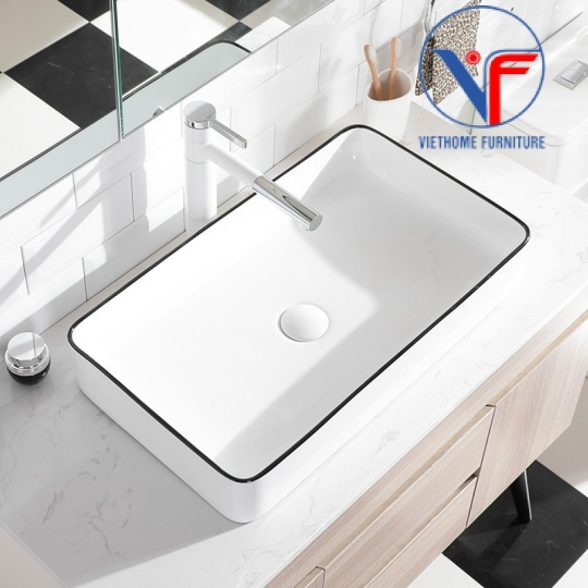 Chậu rửa lavabo đặt bàn màu trắng viền hình chữ nhật