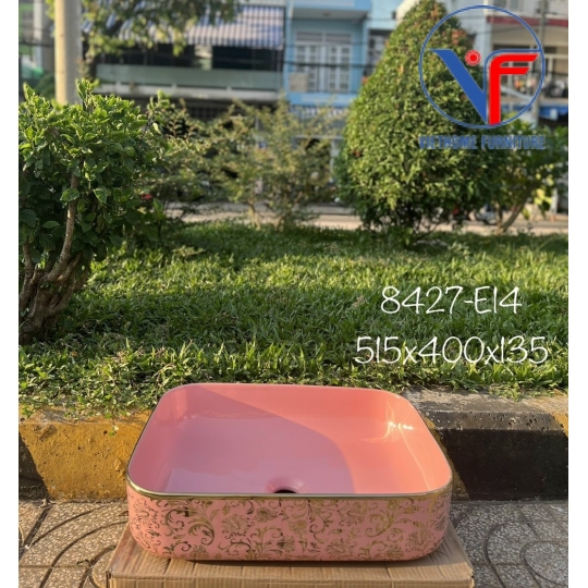 LAVABO - CHẬU RỬA MẶT ĐẶT BÀN MÀU HỒNG HOA VĂN VÀNG