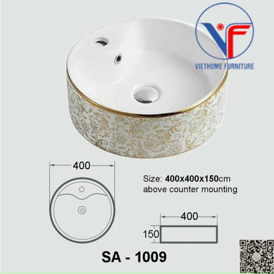 Chậu rửa lavabo tròn đặt bàn hoa văn vàng