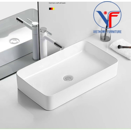 Lavabo đặt bàn màu trắng hình chữ nhật size 60cm