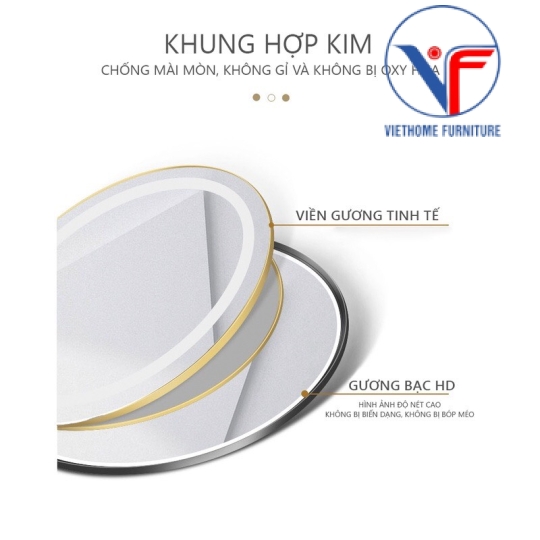 Gương Tròn Viền Kim Loại Sơn Tĩnh Điện Màu Đen Đèn Led Cảm Ứng Chạm 60cm
