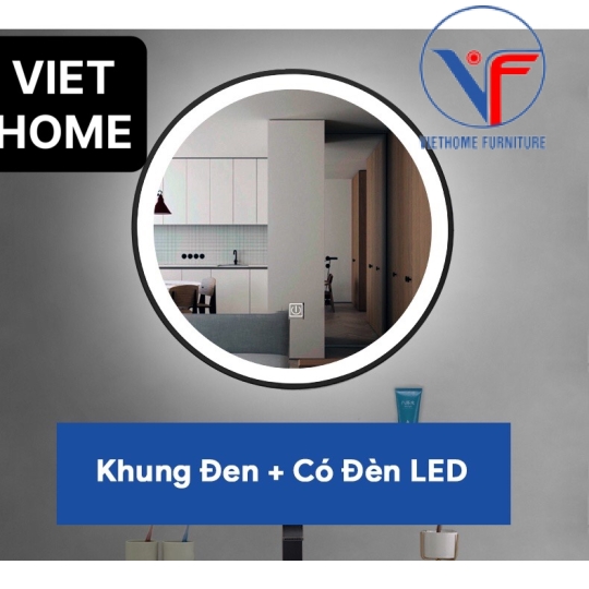 Gương Tròn Viền Kim Loại Sơn Tĩnh Điện Màu Đen Đèn Led Cảm Ứng Chạm 60cm
