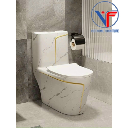 Bồn cầu trắng vân đá viền vàng