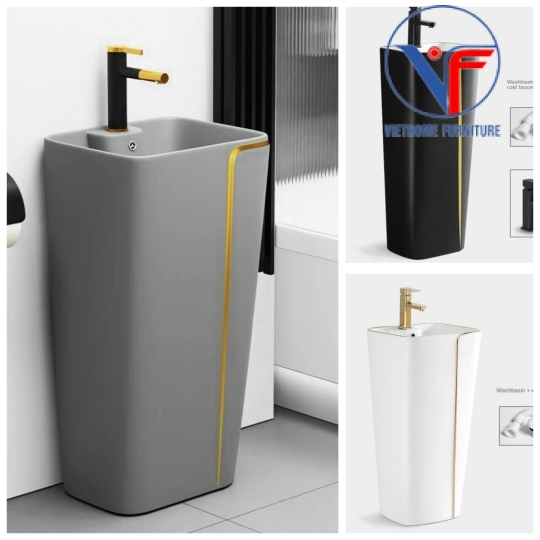 Lavabo trụ vuông đặt sàn kẻ chỉ vàng