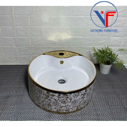Chậu rửa lavabo tròn đặt bàn hoa văn vàng