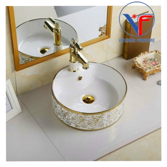 Chậu rửa lavabo tròn đặt bàn hoa văn vàng