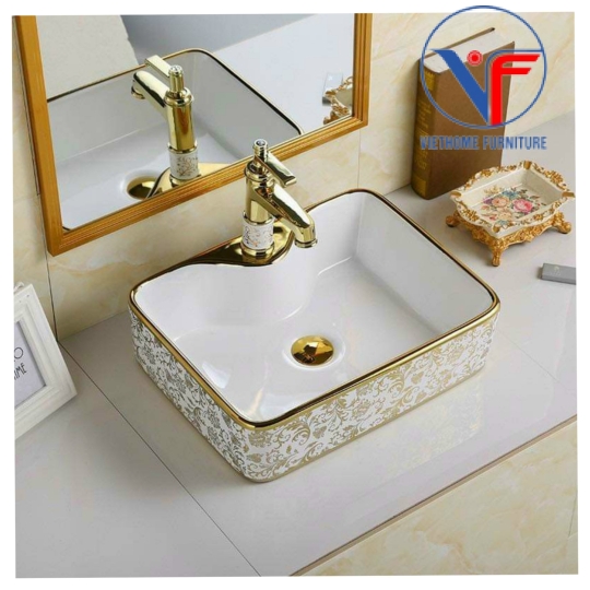 Chậu Rửa Mặt Lavabo Vuông Hoa Văn Vàng
