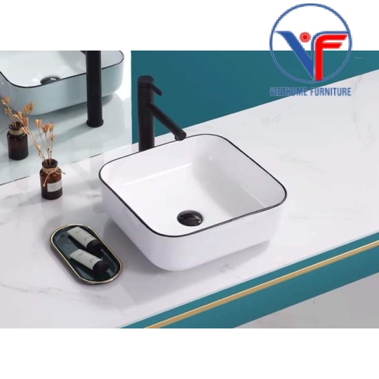 LAVABO - CHẬU RỬA MẶT ĐẶT BÀN VUÔNG TRẮNG VIỀN ĐEN