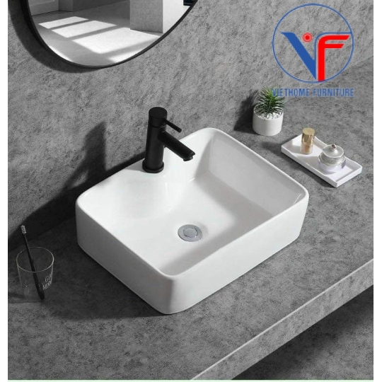 Chậu Lavabo Vuông Đặt Bàn Sứ Trắng