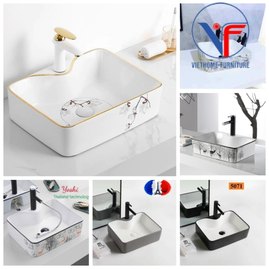 CHẬU LAVABO VUÔNG ĐẶT BÀN HOA VĂN ĐẸP LẠ