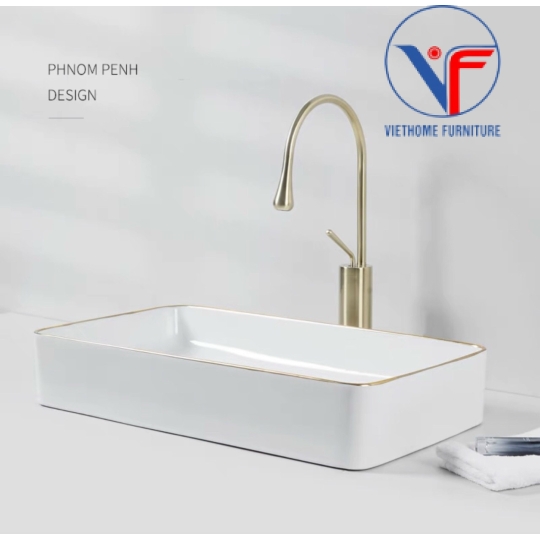 Chậu rửa lavabo đặt bàn màu trắng viền hình chữ nhật