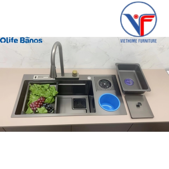 COMBO chậu rửa bát 1 hố to HOT TREND inox 304 nano kèm vòi dây rút thác nước