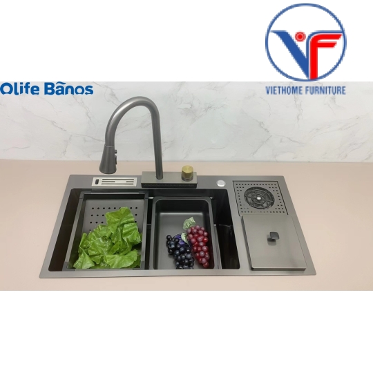 COMBO chậu rửa bát 1 hố to HOT TREND inox 304 nano kèm vòi dây rút thác nước