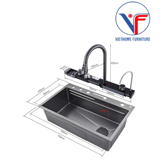 Chậu rửa bát hiển thị nhiệt độ phím đàn bồn rửa chén vòi xả thác có đèn led