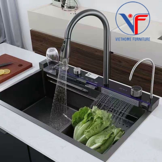 Chậu rửa bát hiển thị nhiệt độ phím đàn bồn rửa chén vòi xả thác có đèn led