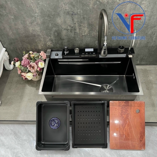 Chậu rửa bát hiển thị nhiệt độ phím đàn bồn rửa chén vòi xả thác có đèn led