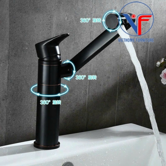 Vòi Lavabo Tròn Nóng Lạnh Màu Đen Xoay 360 Độ