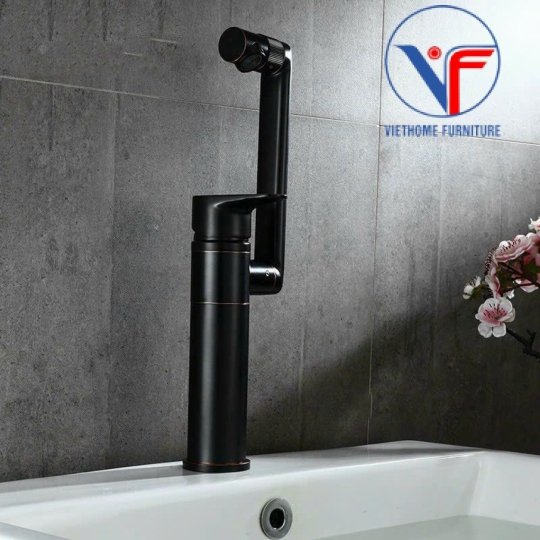 Vòi Lavabo Tròn Nóng Lạnh Màu Đen Xoay 360 Độ