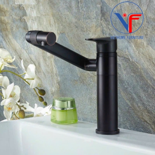 Vòi Lavabo Tròn Nóng Lạnh Màu Đen Xoay 360 Độ
