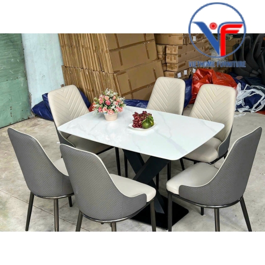 Bộ Bàn Ghế ăn Nhập Khẩu Mặt Đá Chân X – 6 Ghế