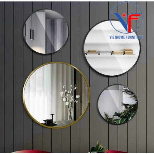 Gương Tròn Bọc Viền Kim Loại Sơn Tĩnh Điện Màu Đen - Vàng Nhiều Kích Thước 40-50-60CM