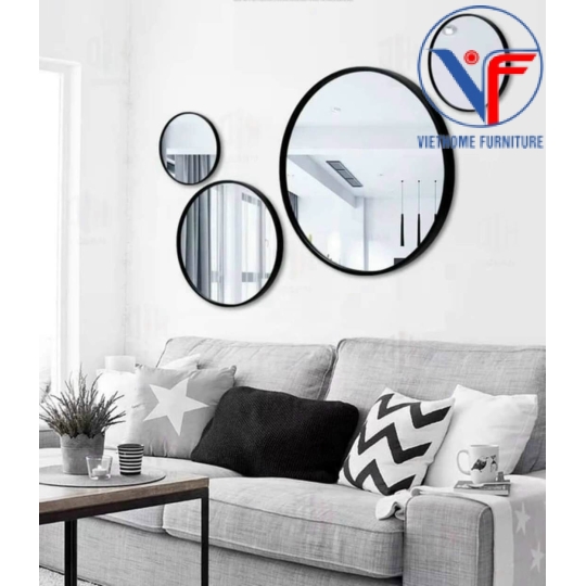 Gương Tròn Bọc Viền Kim Loại Sơn Tĩnh Điện Màu Đen - Vàng Nhiều Kích Thước 40-50-60CM