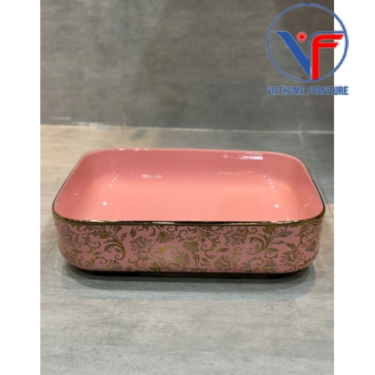 LAVABO - CHẬU RỬA MẶT ĐẶT BÀN MÀU HỒNG HOA VĂN VÀNG