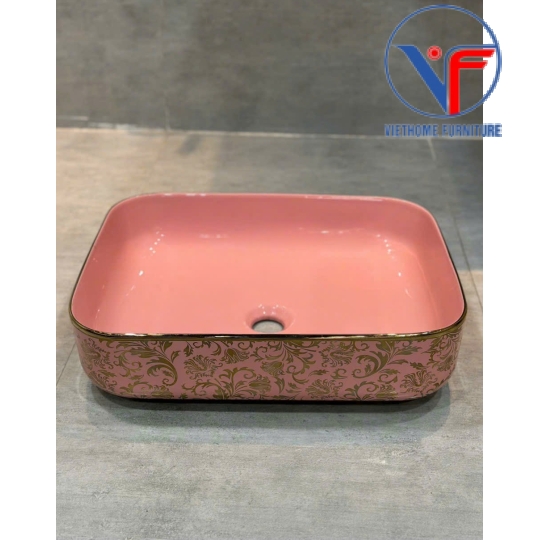 LAVABO - CHẬU RỬA MẶT ĐẶT BÀN MÀU HỒNG HOA VĂN VÀNG