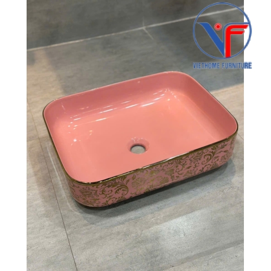 LAVABO - CHẬU RỬA MẶT ĐẶT BÀN MÀU HỒNG HOA VĂN VÀNG